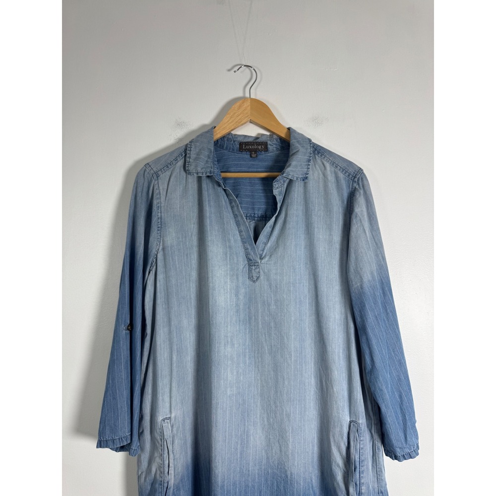 Coastal Boho Luxology Womens 12 Tunic Dress Blue Ombre Pinstripe Roll Tab Pocket - Picture 9 of 10